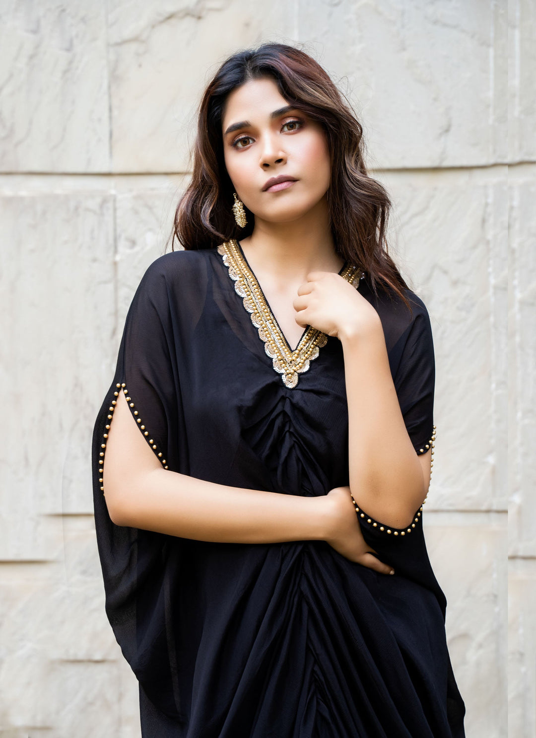 Black Embroidered Kaftan Pleated Dress - 3