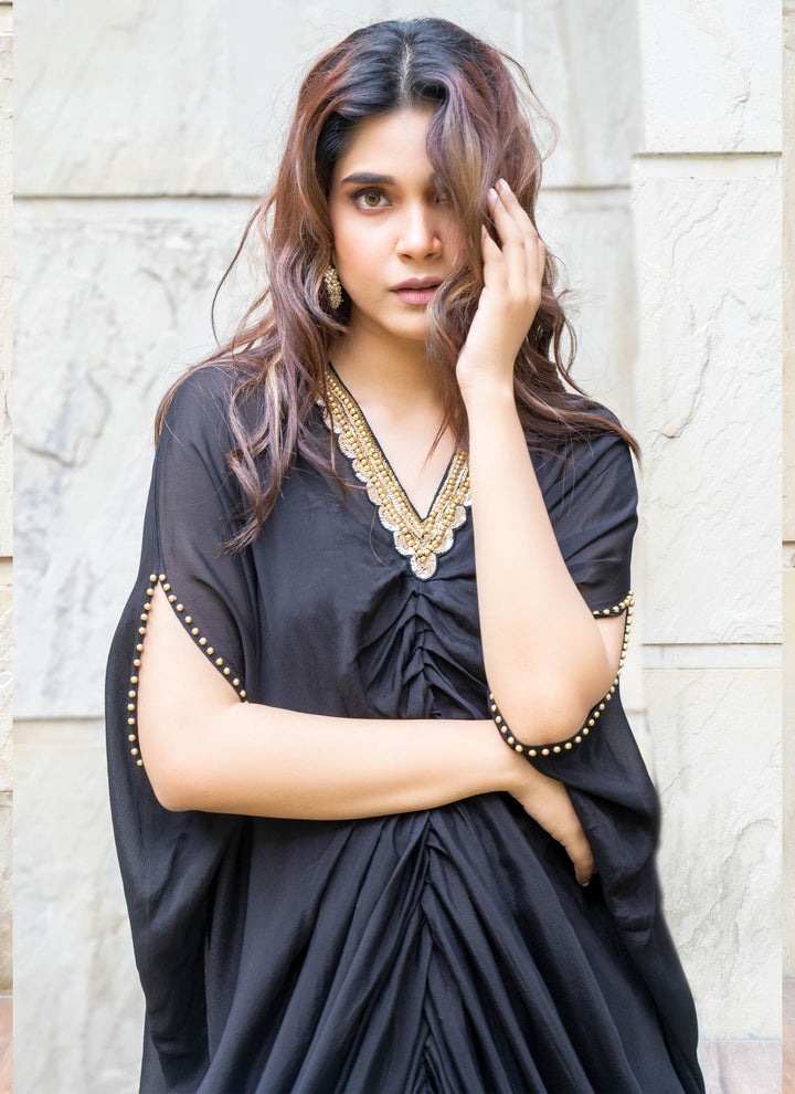 Black Embroidered Kaftan Pleated Dress - 4