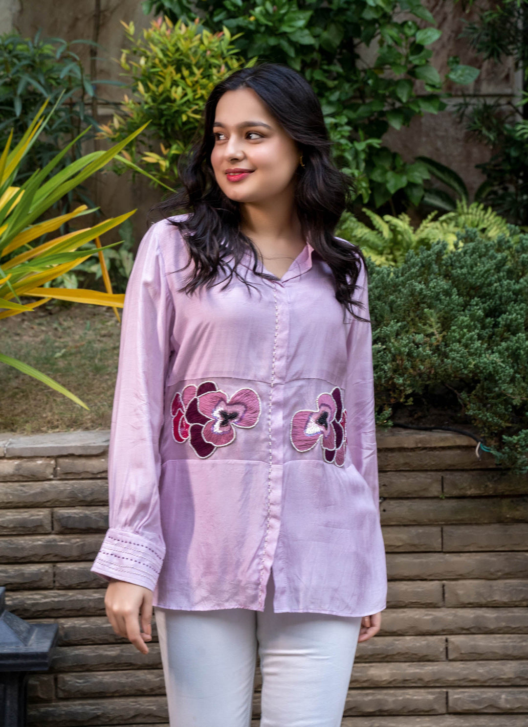 Lavender Shirt with Organza Embroidered Panel - 1