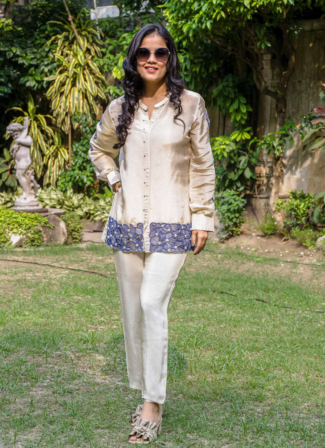 Gold Tissue Blue Cutwork Shirt With Pants - 1