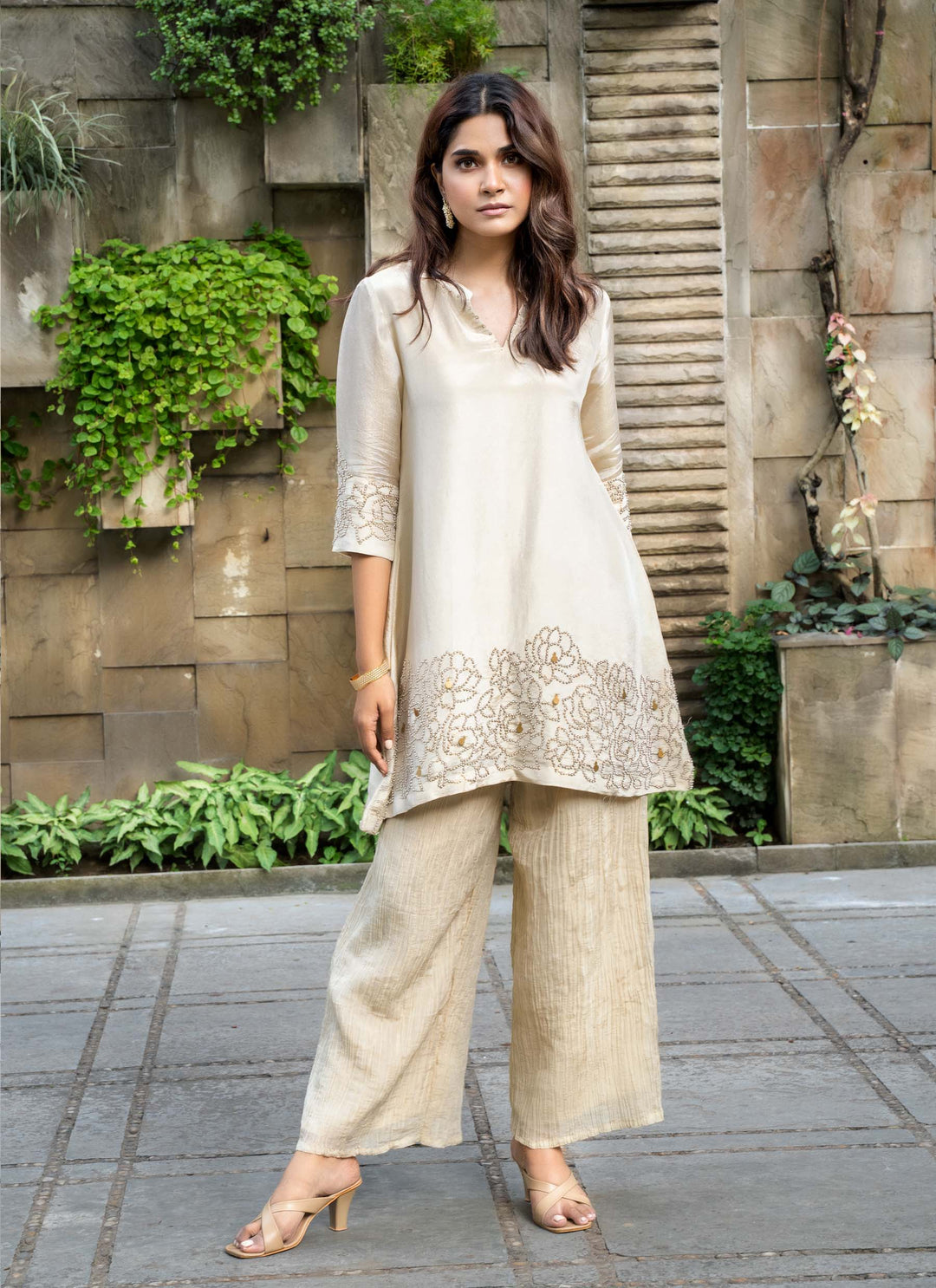 Golden Beige Tissue Tunic With Crushed Tissue Pants - 1