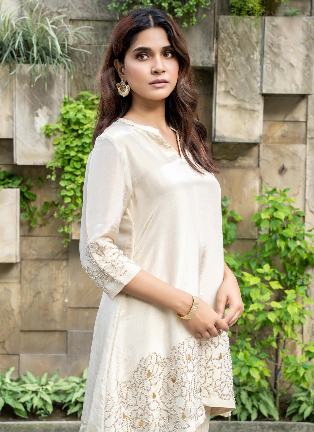 Golden Beige Tissue Tunic With Crushed Tissue Pants - 2