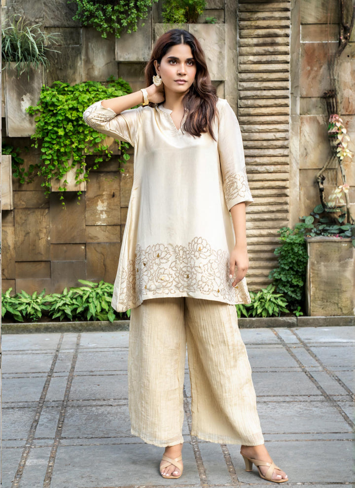 Golden Beige Tissue Tunic With Crushed Tissue Pants - 3