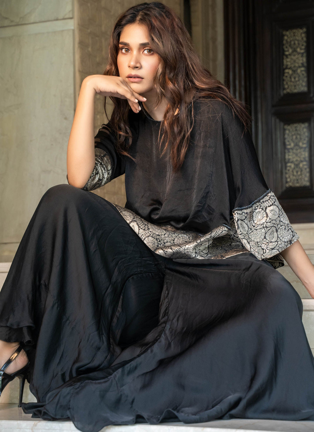 Black Asymmetrical Tunic With Sharara Pants - 2