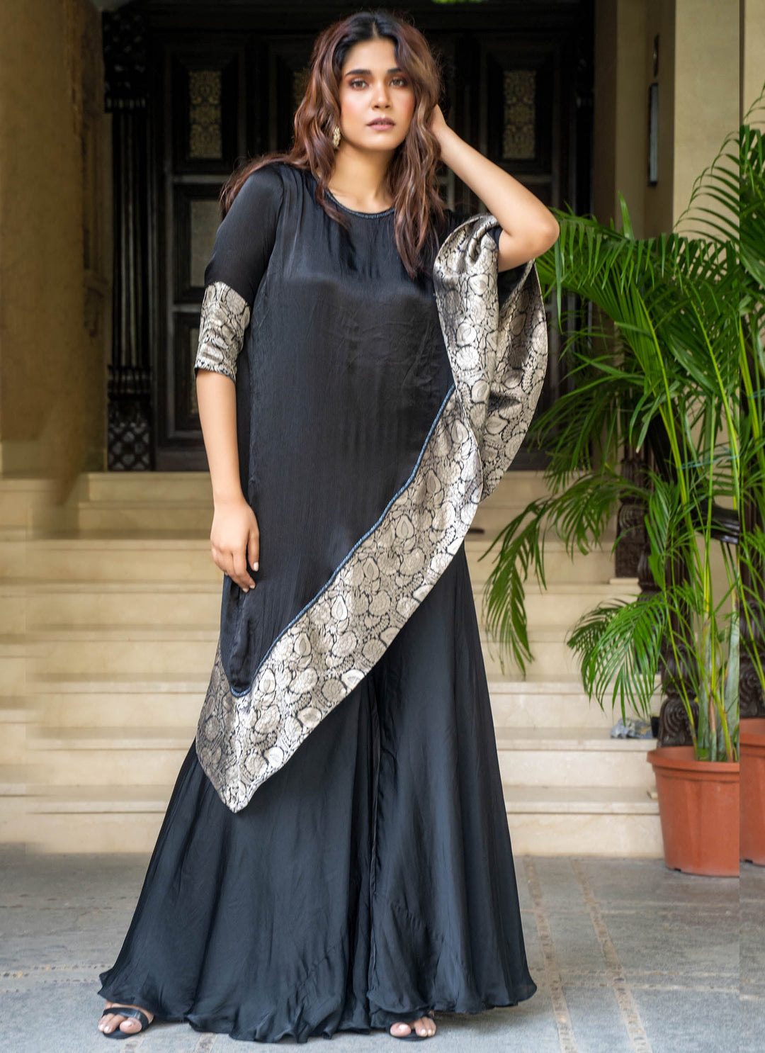 Black Asymmetrical Tunic With Sharara Pants - 3