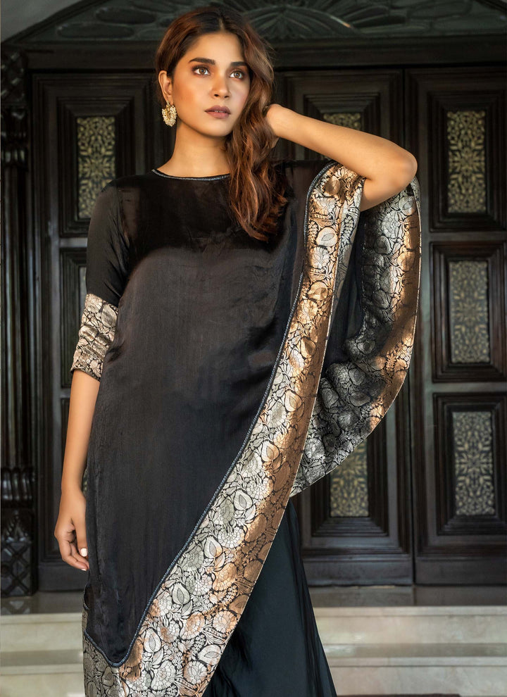 Black Asymmetrical Tunic With Sharara Pants - 4