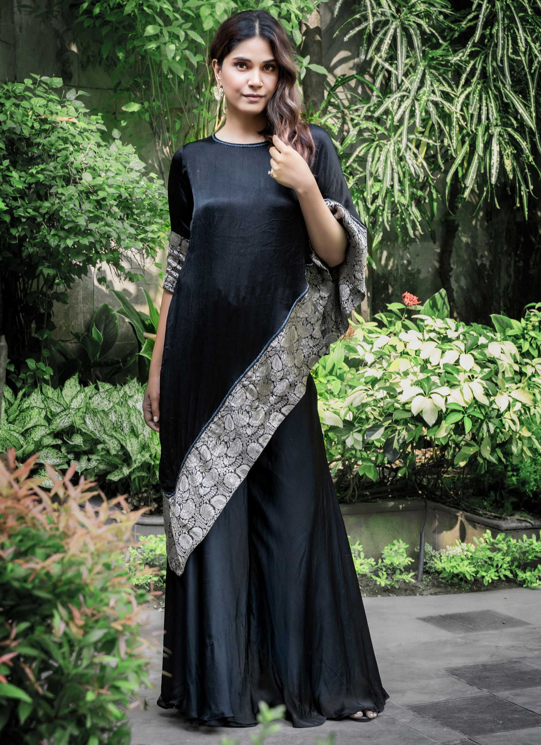 Black Asymmetrical Tunic With Sharara Pants - 5