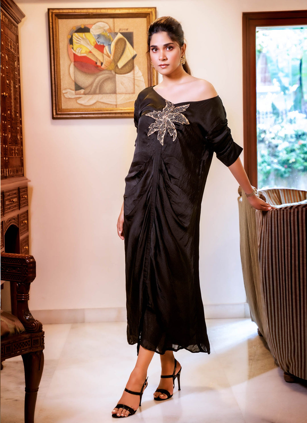 Black Pleated Dress With Golden Flower - 1