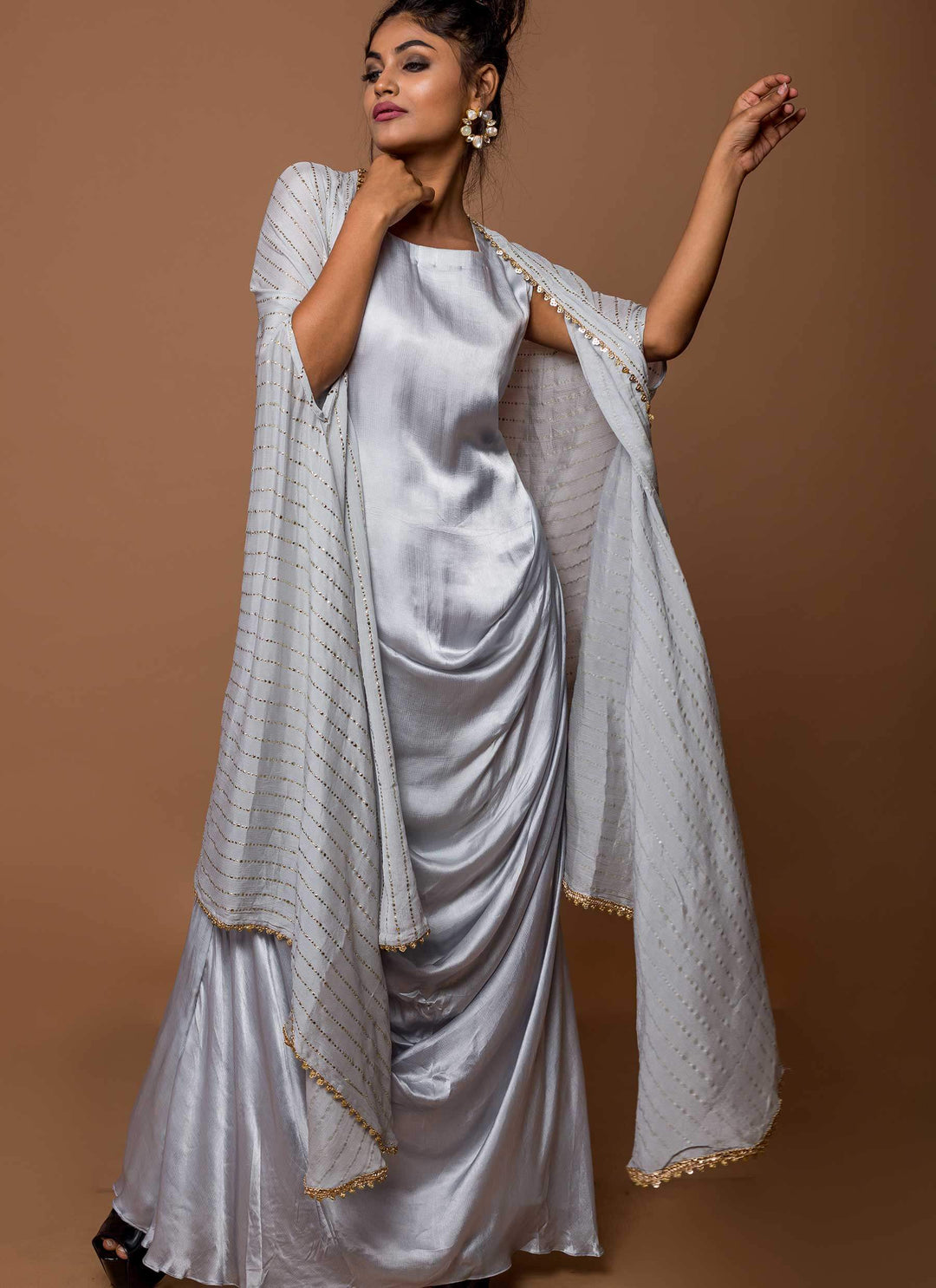 Sky Blue Cowl Dress With Mukesh Cape Full
