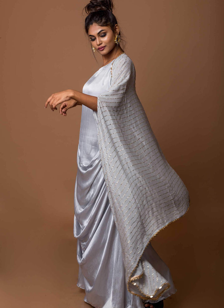 Sky Blue Cowl Dress With Mukesh Cape Right