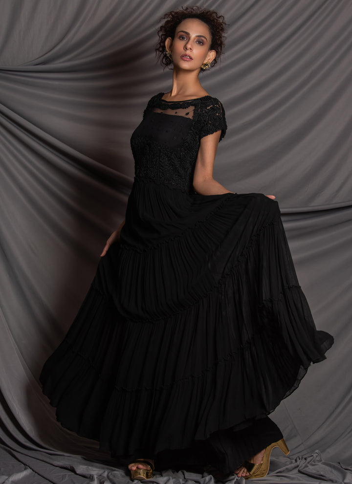 Black Embroidered Gown Front
