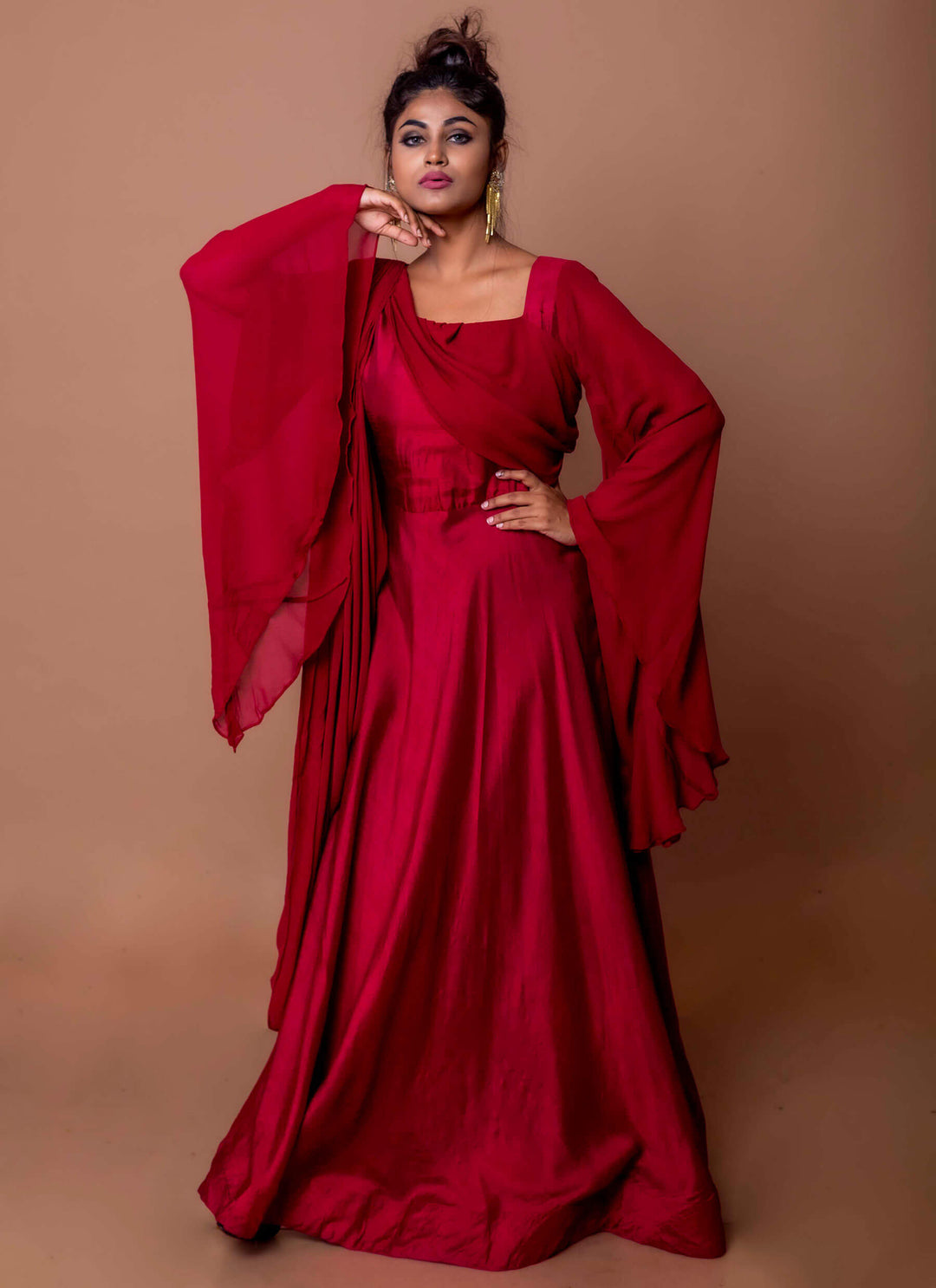 Maroon Drape Gown Standing