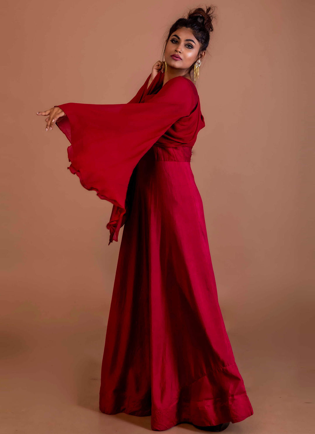 Maroon Drape Gown Right Sleeve