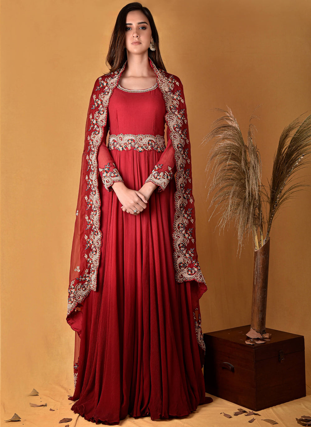 Ombre Deep Red Chiffon Gown With Belt & Dupatta