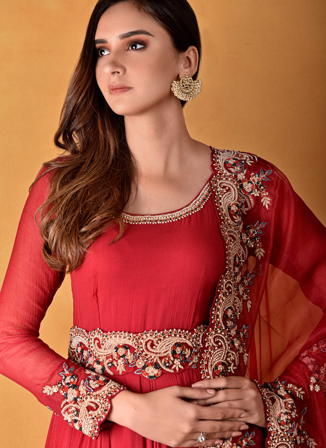 Ombre Deep Red Chiffon Gown With Belt & Dupatta