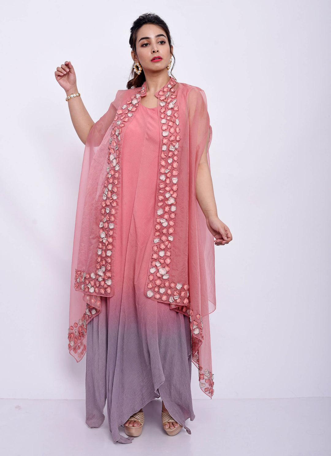 Pink Shaded Dress With Cape Front