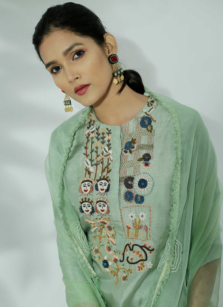 Pista Green Embroidered Salwar Kameez Close Up