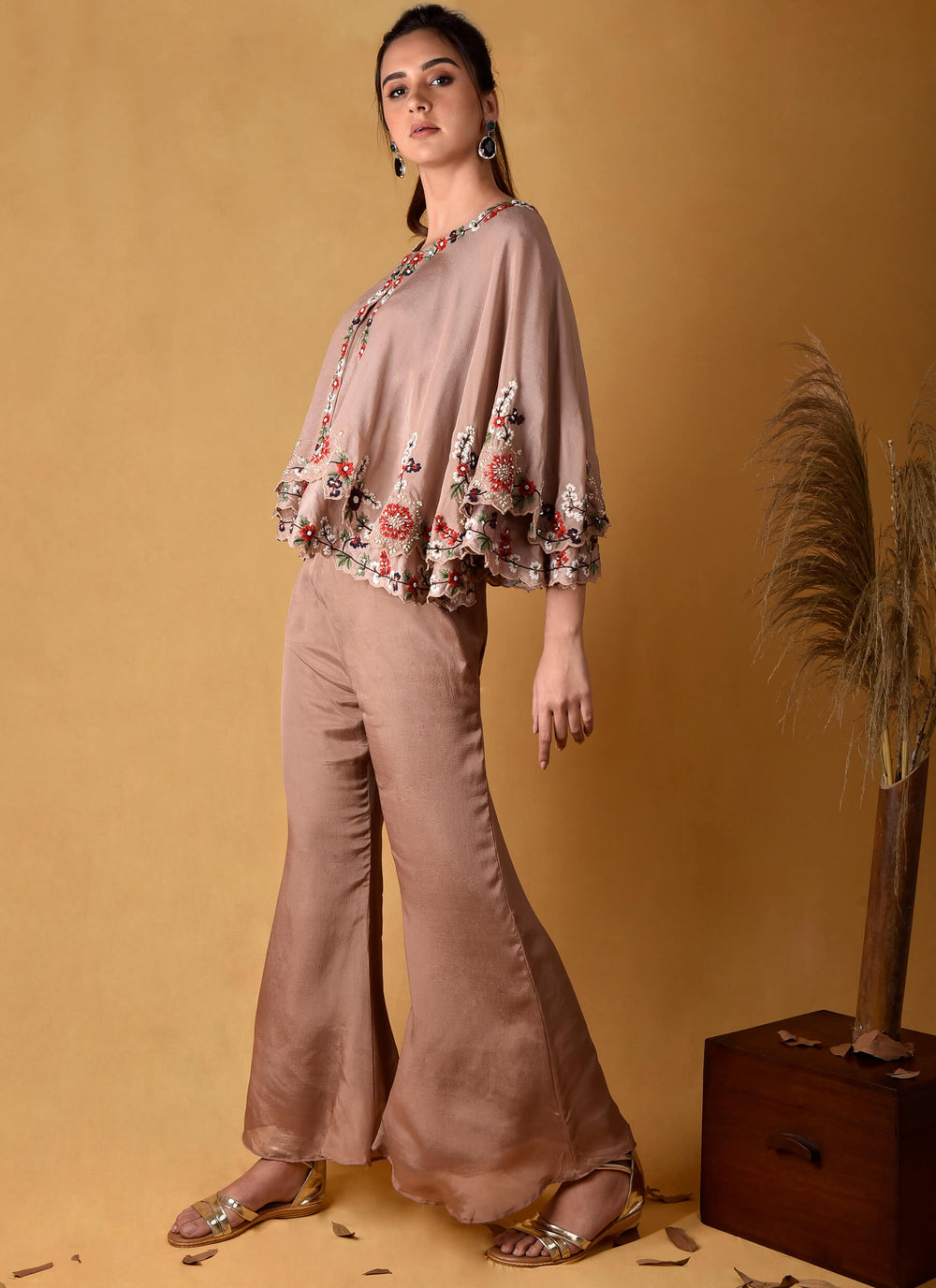 Poncho Top With Bell-Bottom Pants