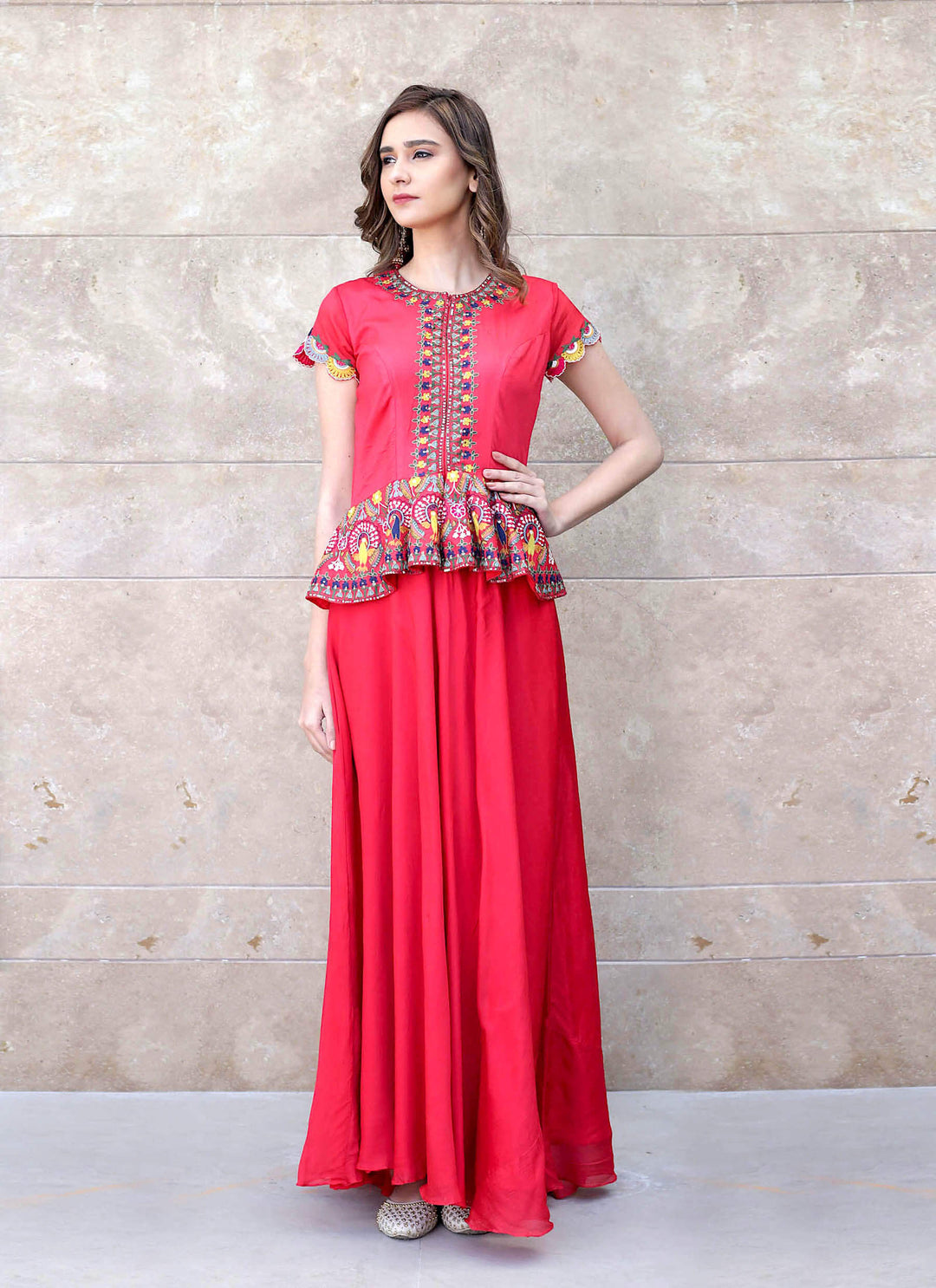 Red Ethnic Peplum Dress Standing