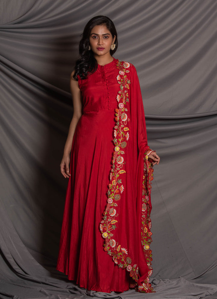 Red Gown With Dupatta Front