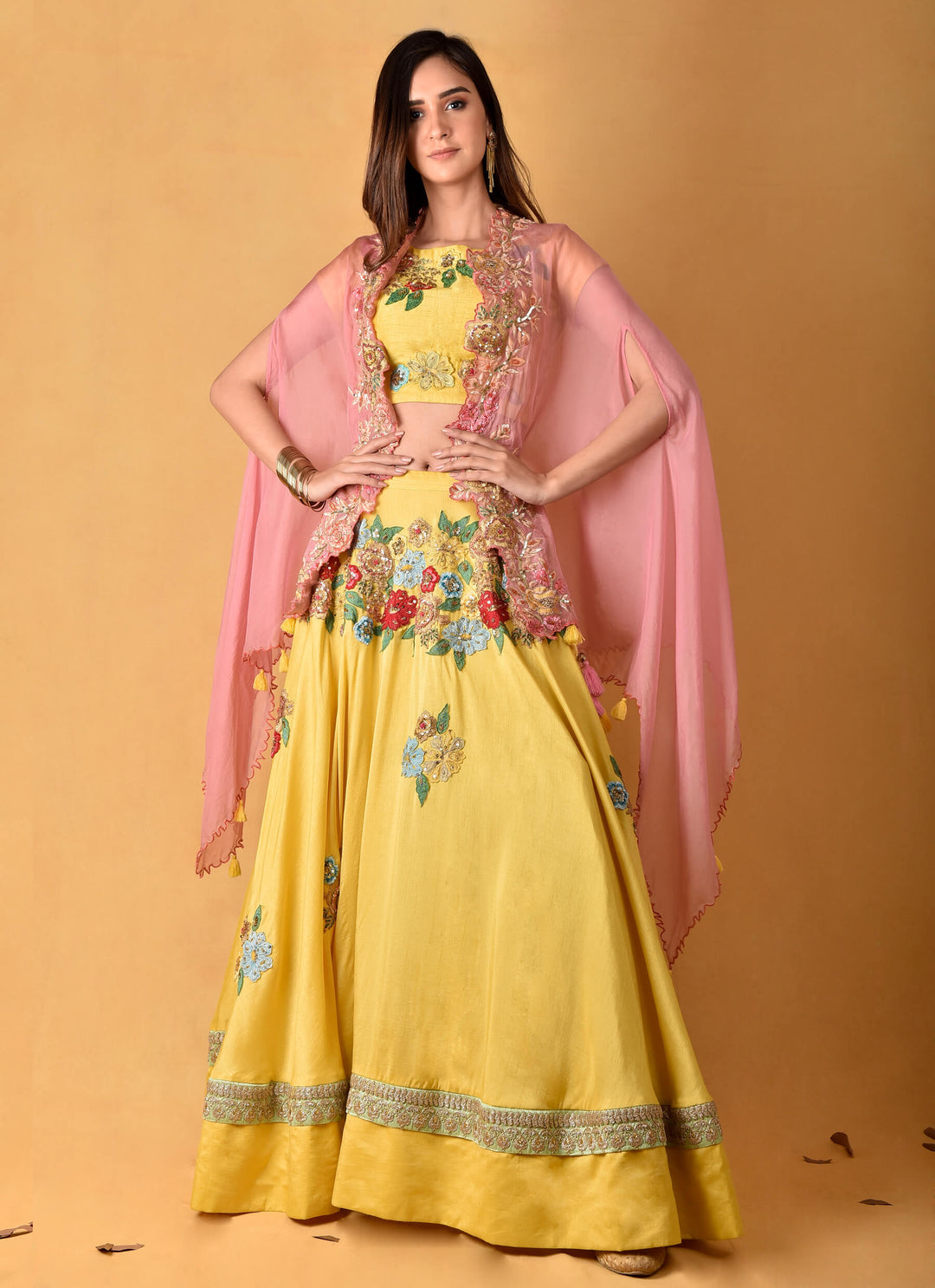 Yellow Floral Lehenga with Cape