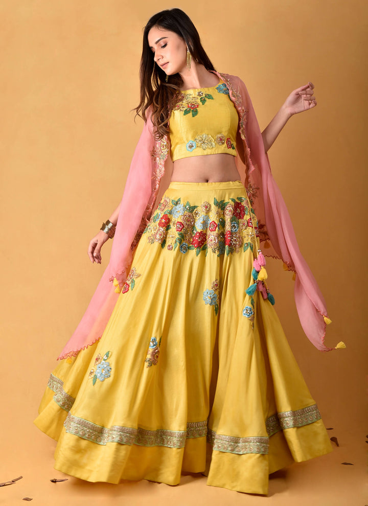 Yellow Floral Lehenga with Cape