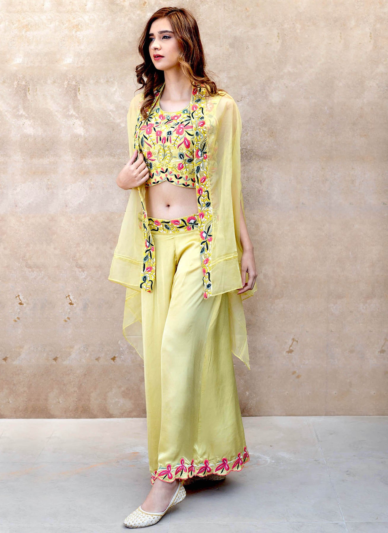 Yellow Palazzo Crop Top And Cape Jacket Set - Main Image