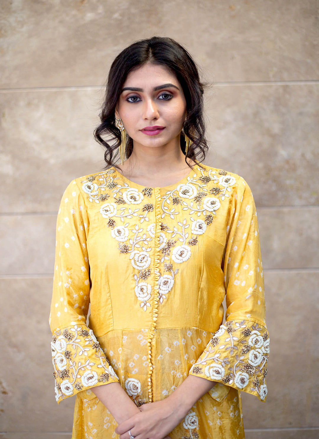 Yellow Sharara With Bandhej Tunic  Close Up
