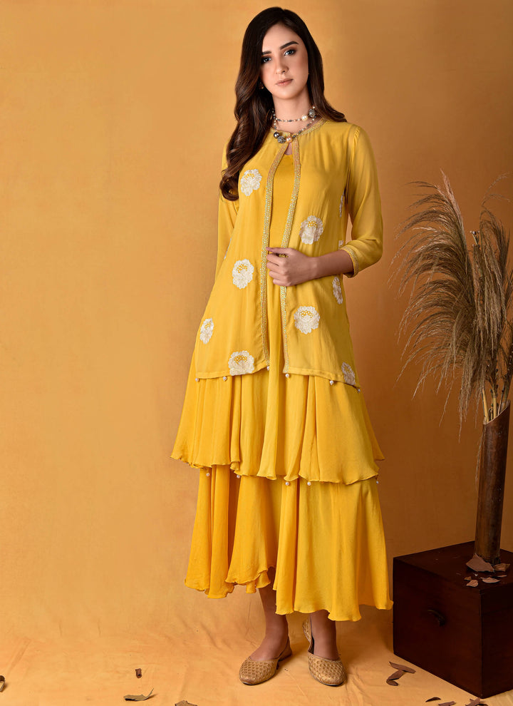 Yellow Tiered Dress With Embroidered Jacket